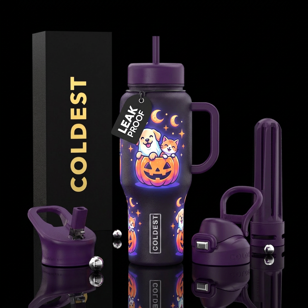 cat, dog, cartoon,  Halloween,, glowie, cute water bottle design