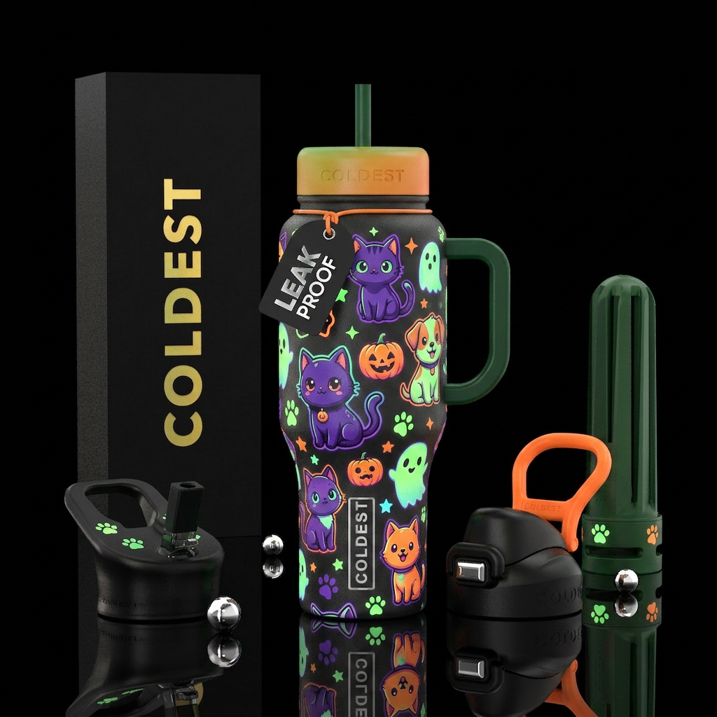 cat, dog, cartoon,  Halloween,, glowie, cute water bottle design