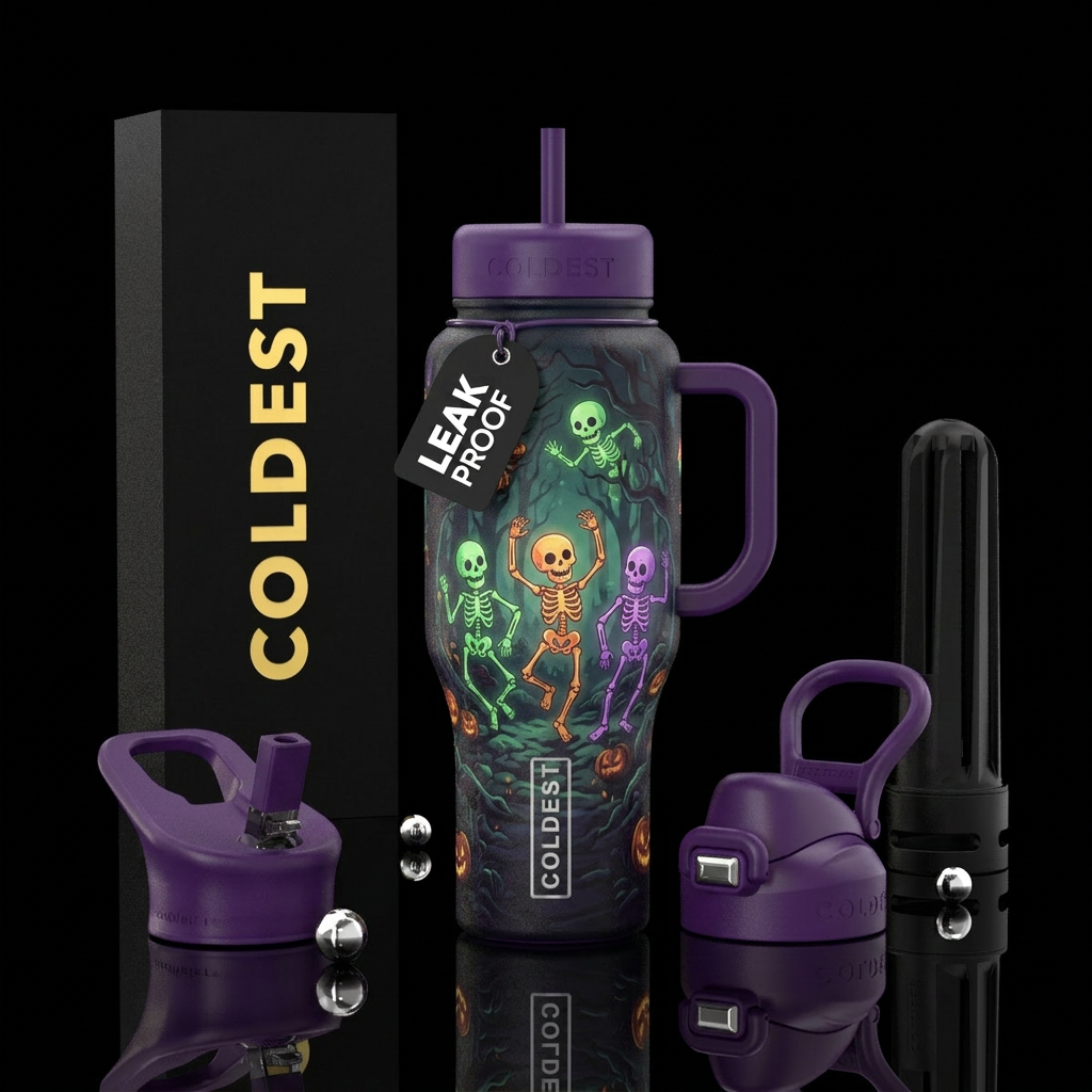 Dancing  skeletons, glowie,  Halloween,, happy moo... water bottle design