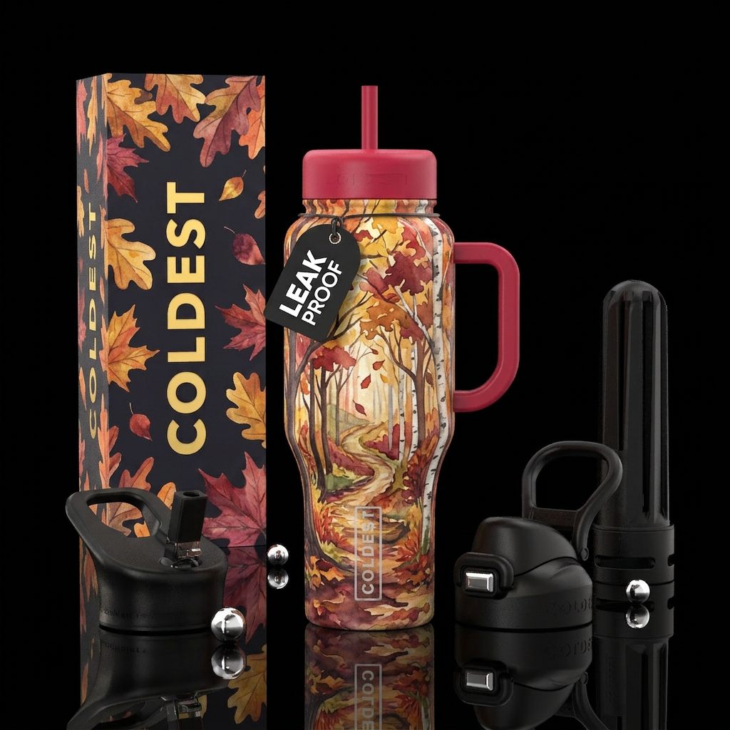 Autumn leaves,  trees, watercolor, painting water bottle design