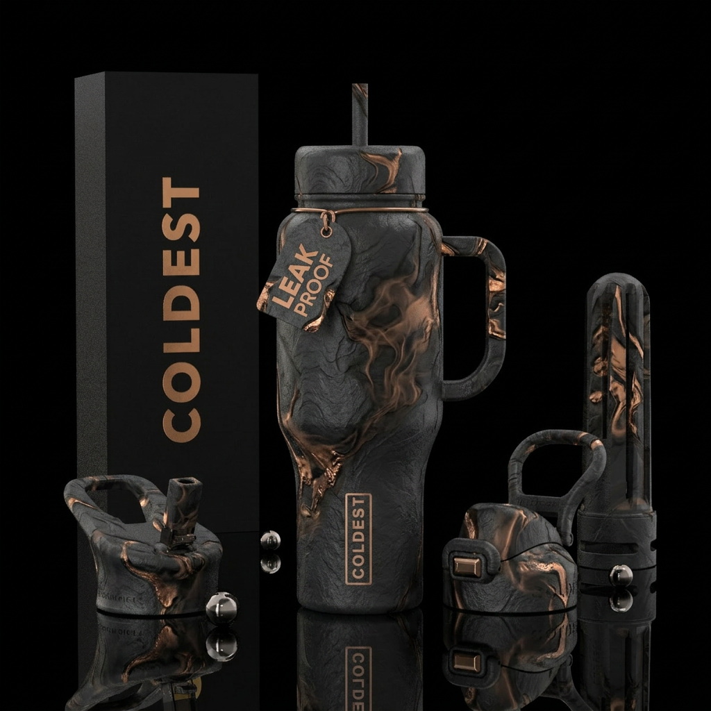 Deep matte black,  with soft charcoal tone , carve... water bottle design