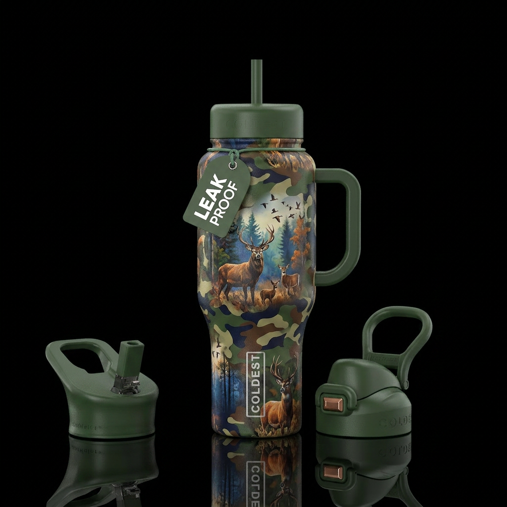 Black matte color with camouflage, and deer and bi... water bottle design