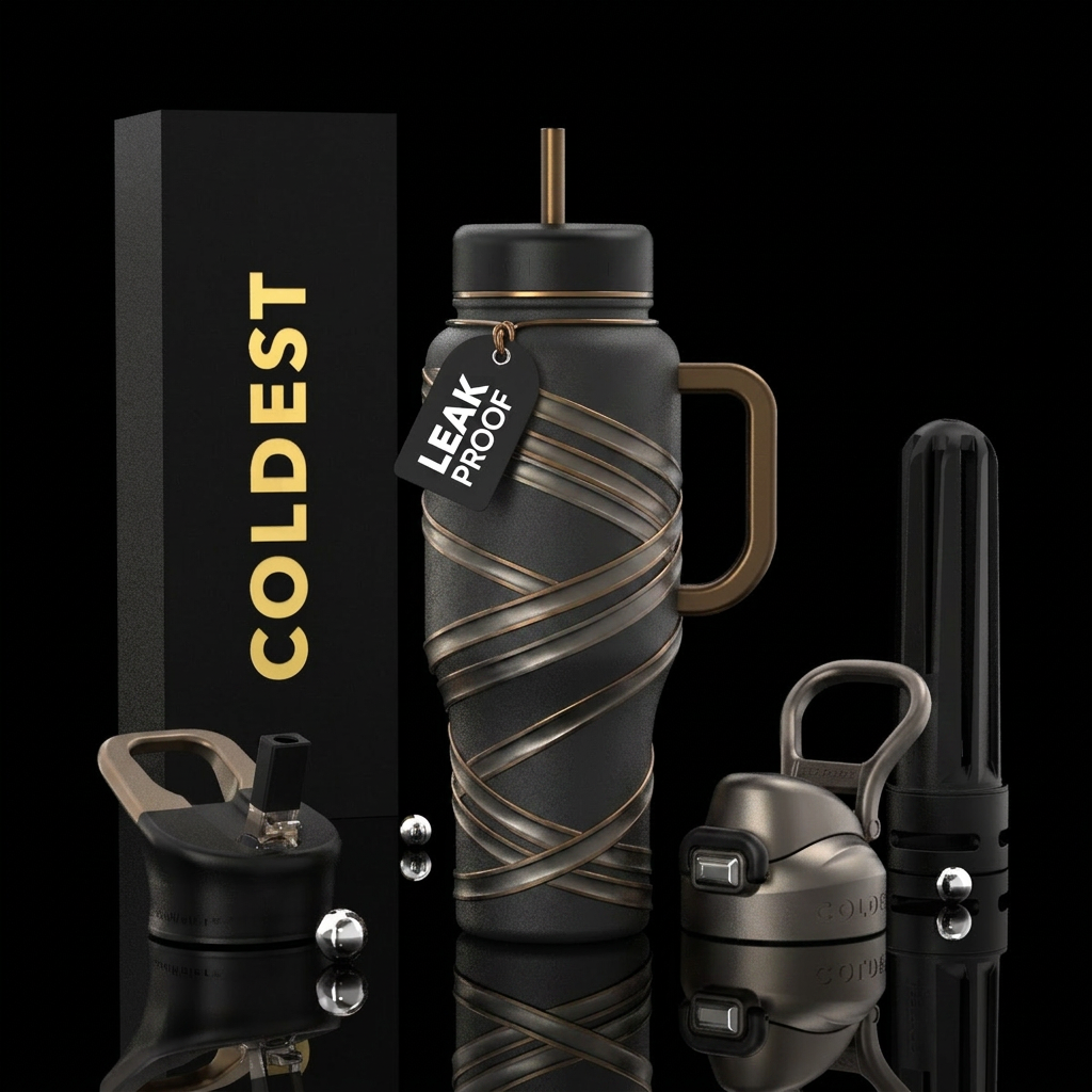 luxurious, rugged,  modern,  deep matte black,  ti... water bottle design