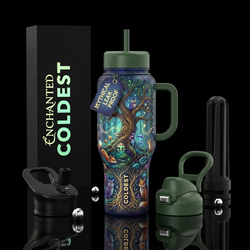 glowie,, enchanted woods, whimsical, magical, pain... water bottle design
