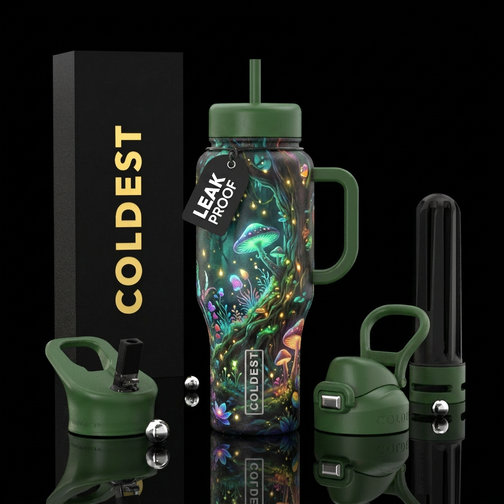 glowie,, enchanted woods, whimsical, magical, pain... water bottle design