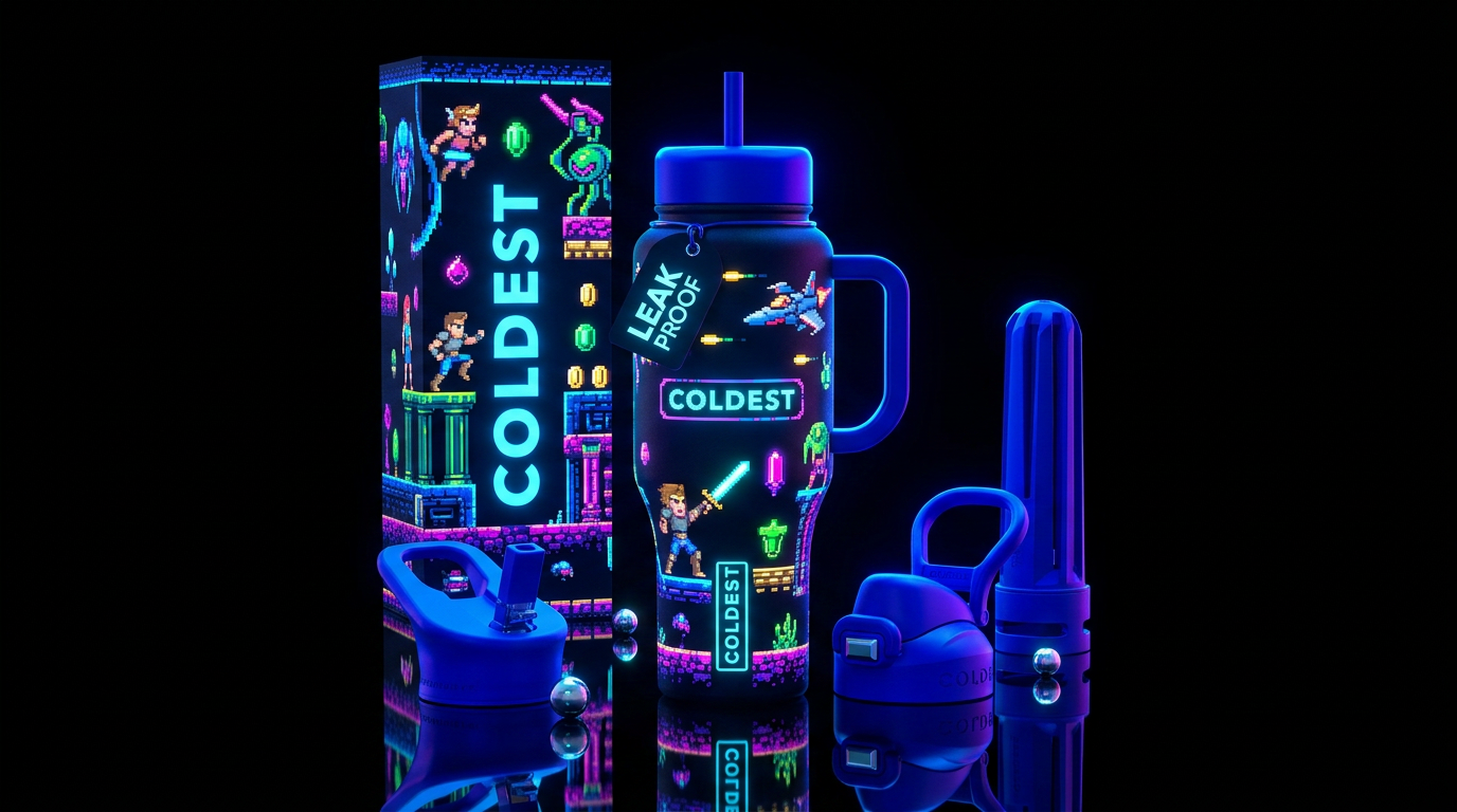 gaming, glowie, pixel art water bottle design