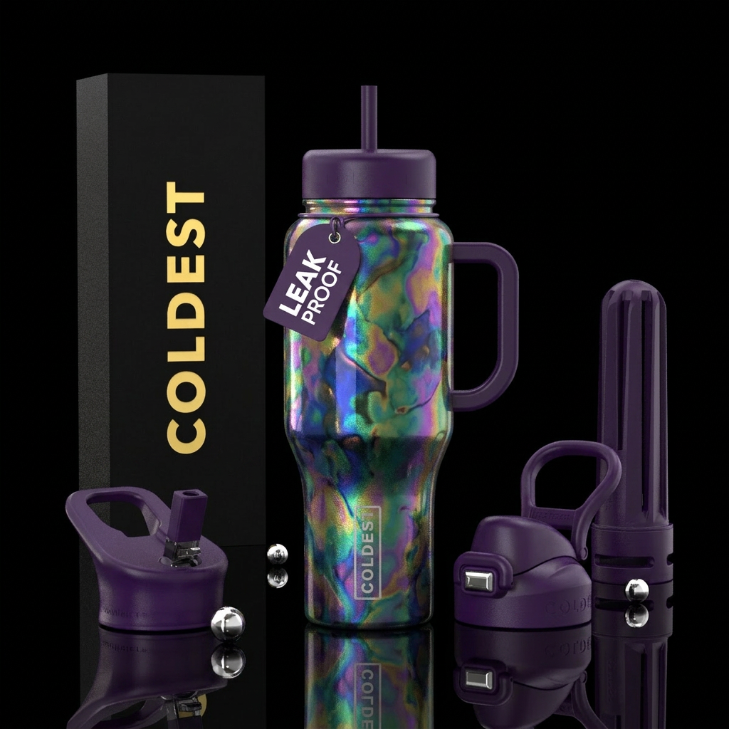 abstract, irridescent, painting, whimsical water bottle design