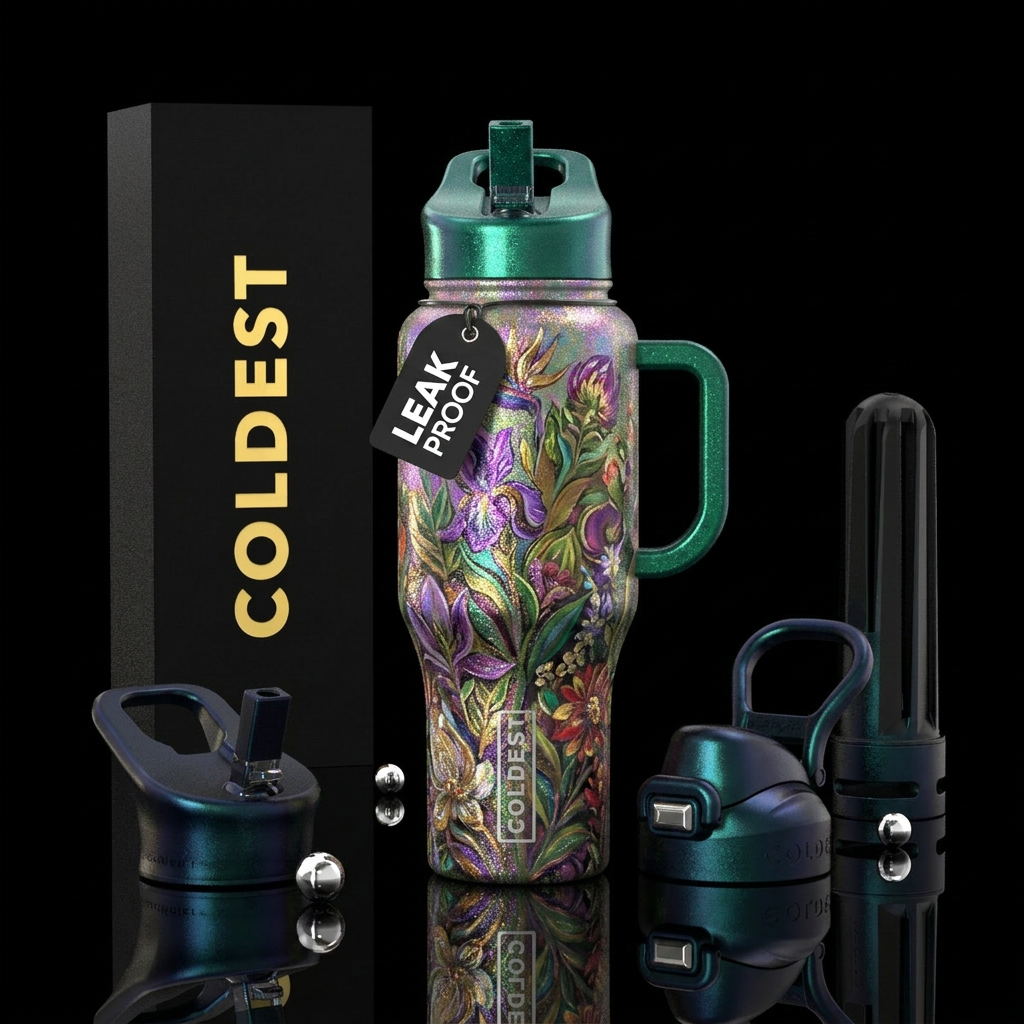 european, painting, irridescent, sparkly, exotic p... water bottle design