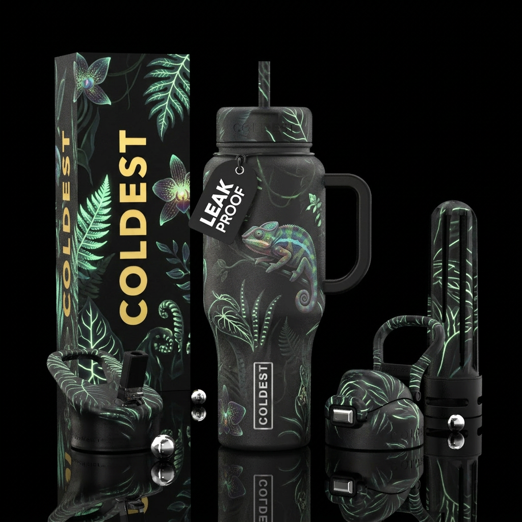 chameleon, exotic plants, glowie, whimsical water bottle design
