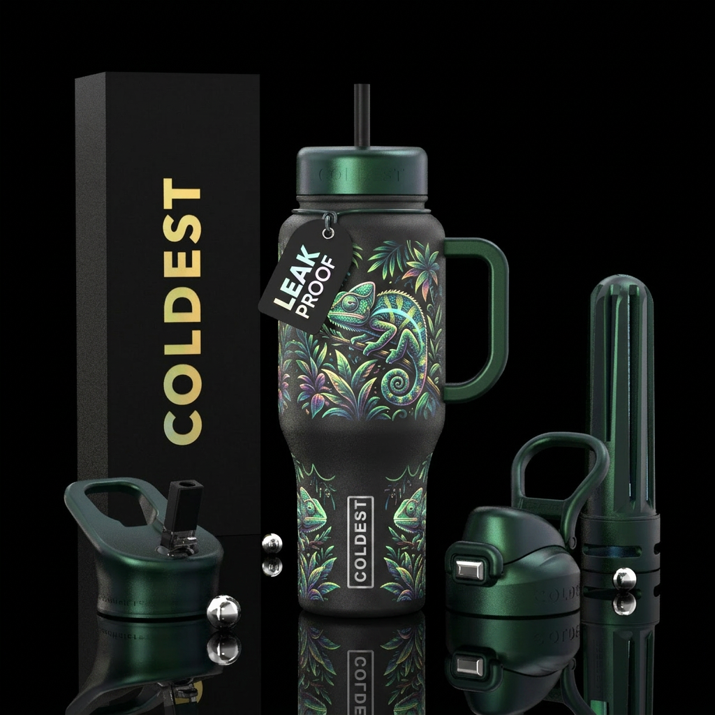 chameleon, exotic plants, glowie, whimsical water bottle design