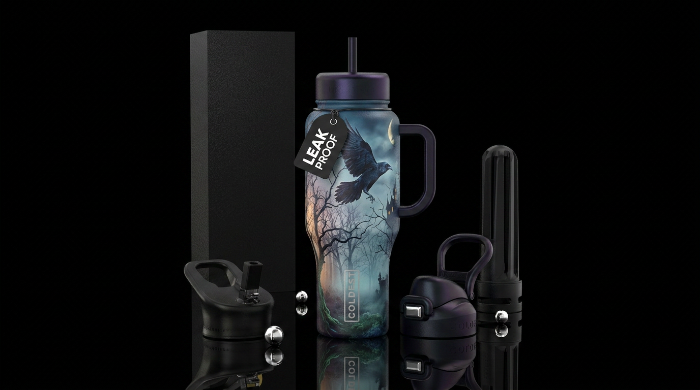 raven, trees, fog,  Halloween,  night water bottle design