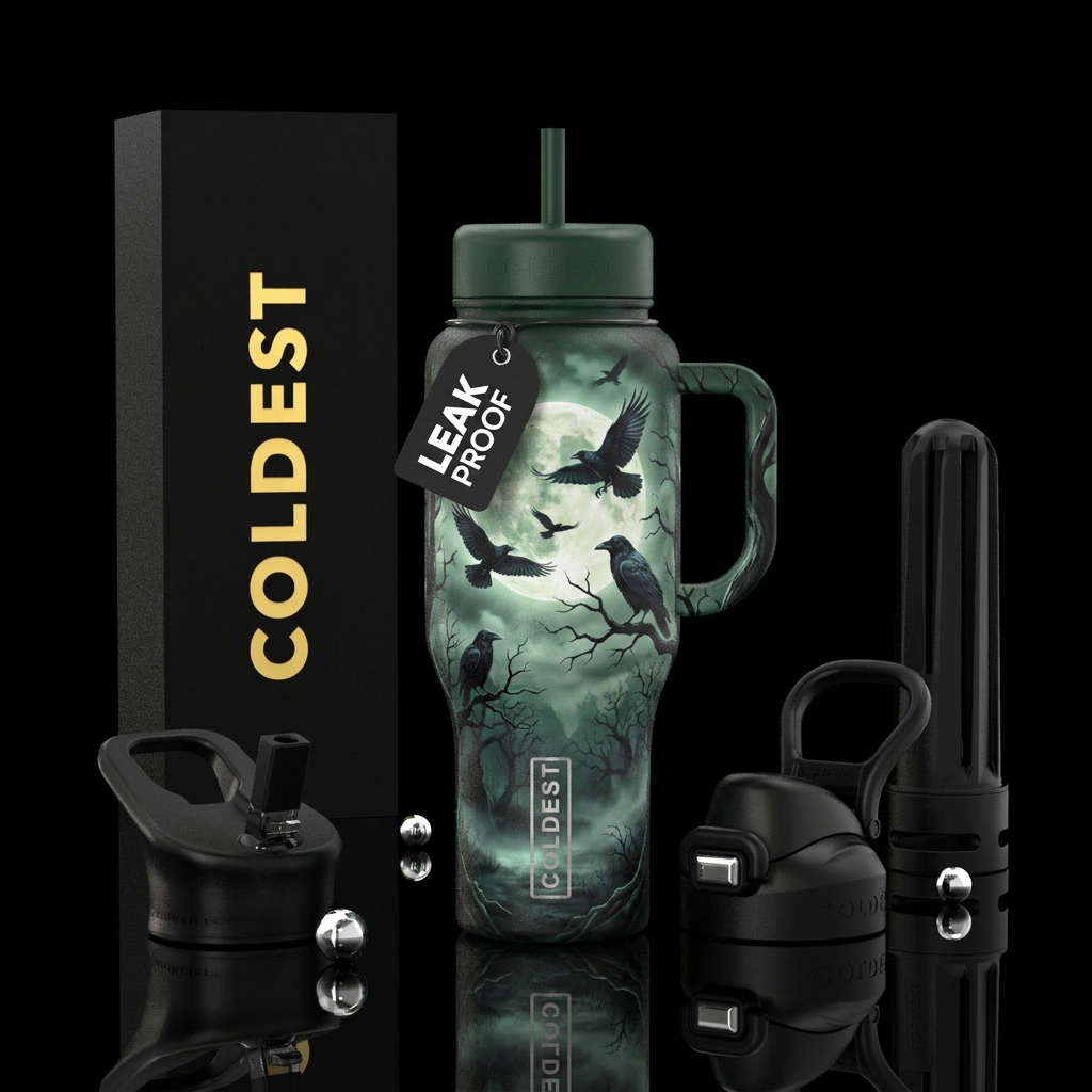 raven, trees, fog,  Halloween,  night water bottle design