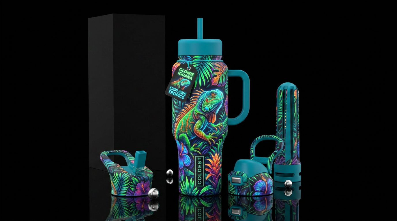 iguana, glowie,  tropical water bottle design
