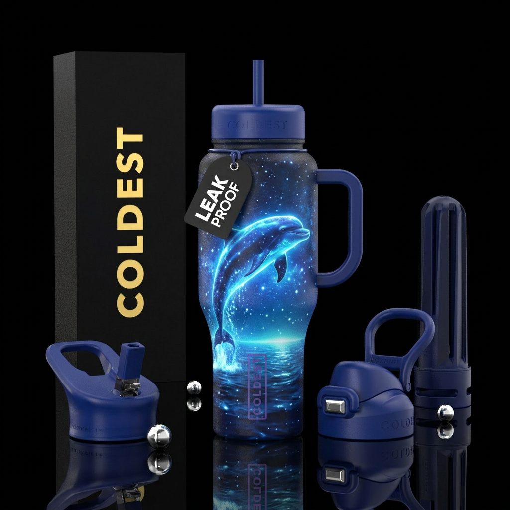 dolphin, glowie, ocean,  night water bottle design