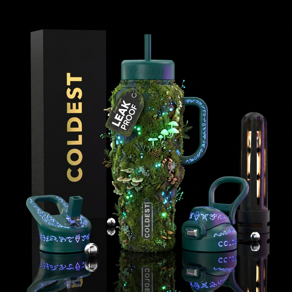 moss covered, glowie, magical,  forest water bottle design