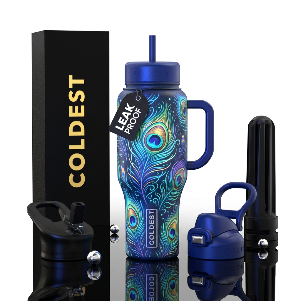 Peacock,  glowie,, whimsical water bottle design