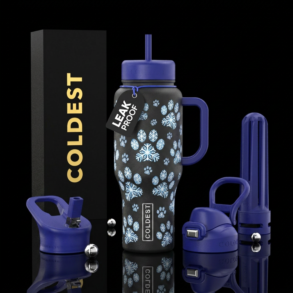 Snowflake paw prints water bottle design
