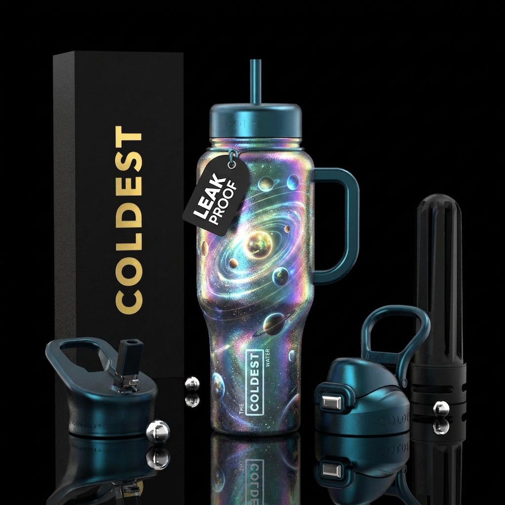 planets, glowie, enchanted, swirls, irridescent water bottle design