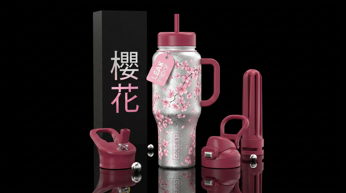 silver, cherry blossom season, sparkly, vibrant water bottle design