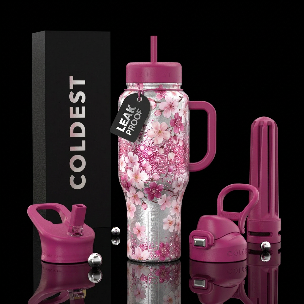 silver, cherry blossom season, sparkly, vibrant water bottle design