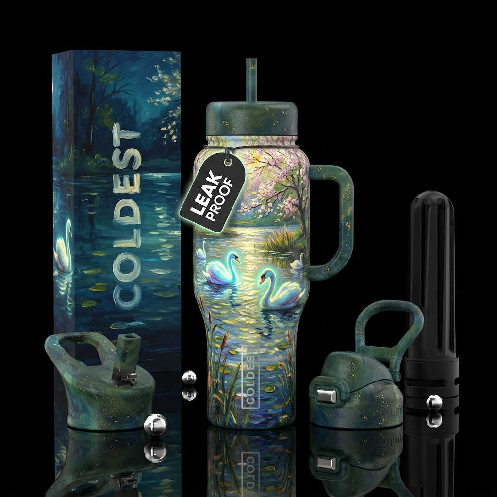 swan, pond,, glowie, spring time  oil painted water bottle design