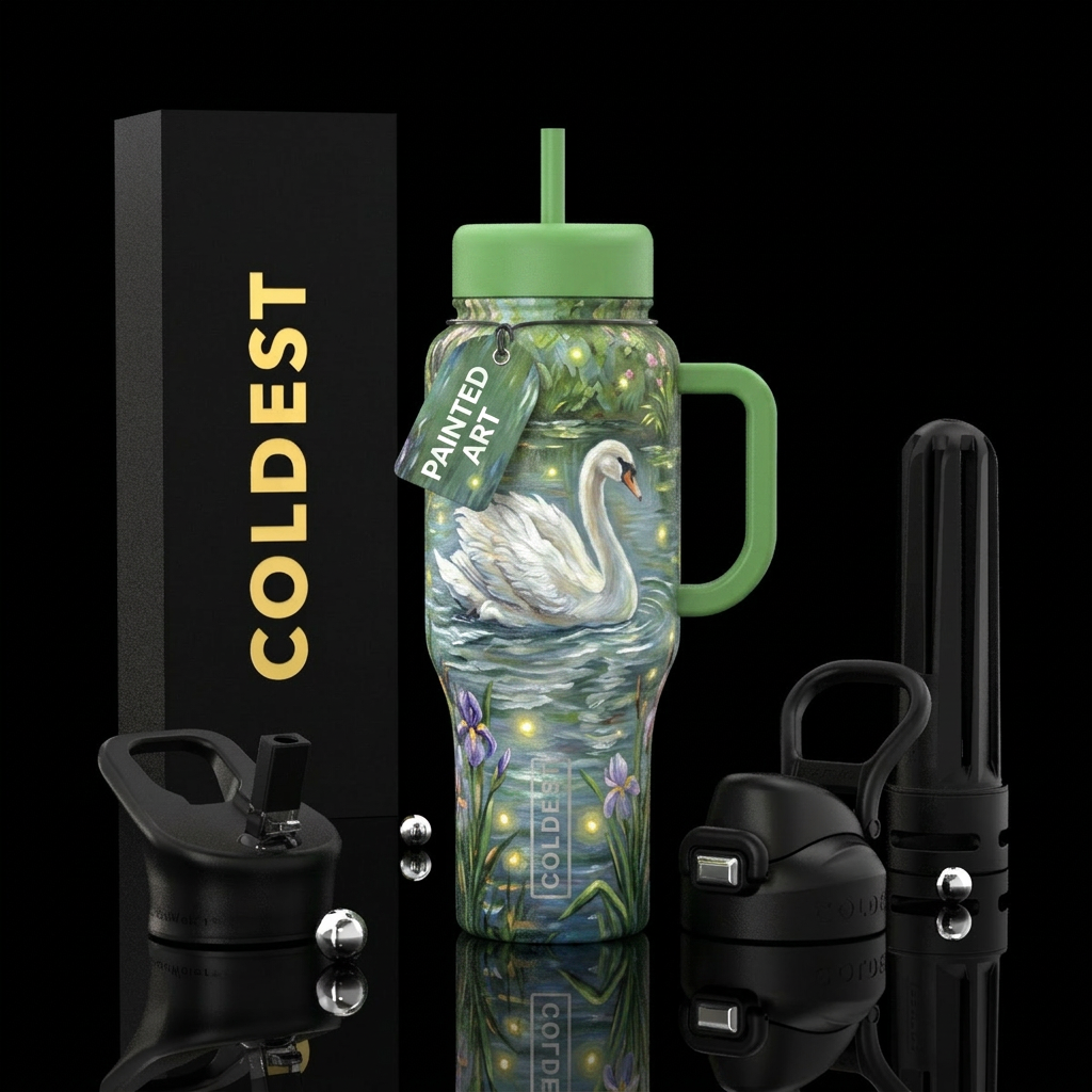swan, pond,, glowie, spring time  oil painted water bottle design