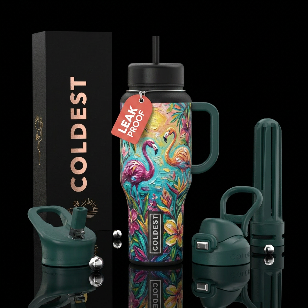 magical, oil painted,, flamingo, summer water bottle design