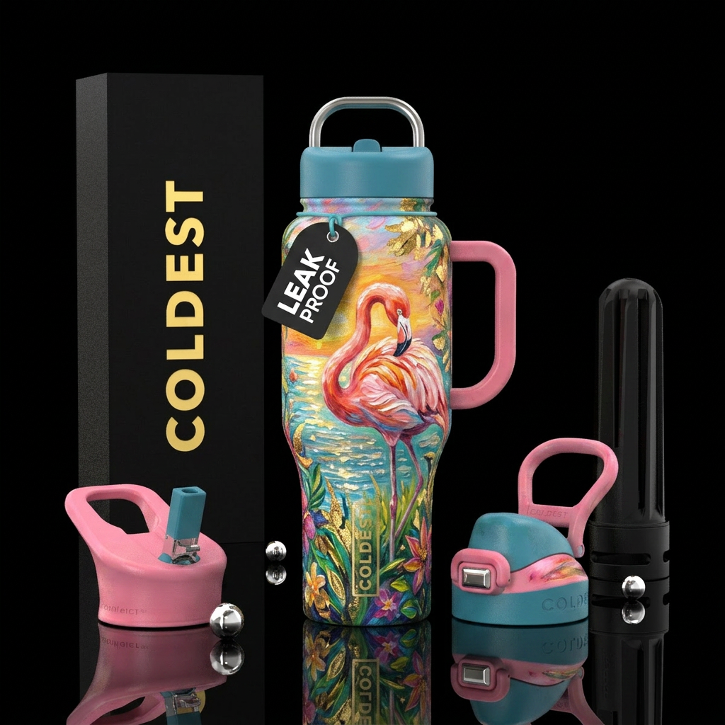 magical, oil painted,, flamingo, summer water bottle design
