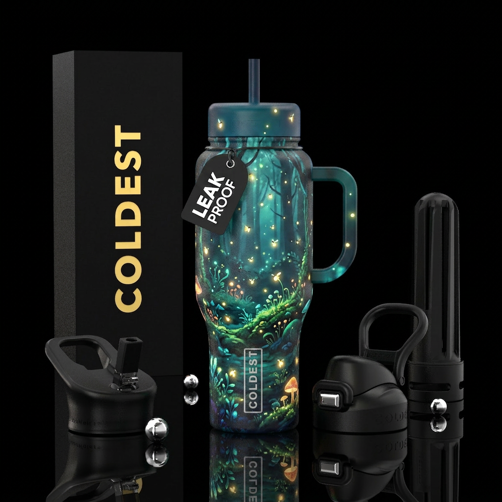 whimsical, glowie, firefly, forest water bottle design