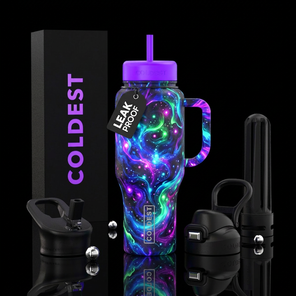 abstract, vibrant, glowie, whimsical water bottle design