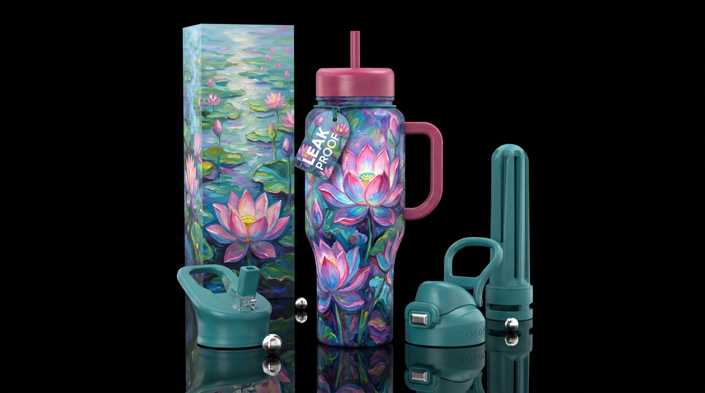 lotus, glowie,, oil painted water bottle design