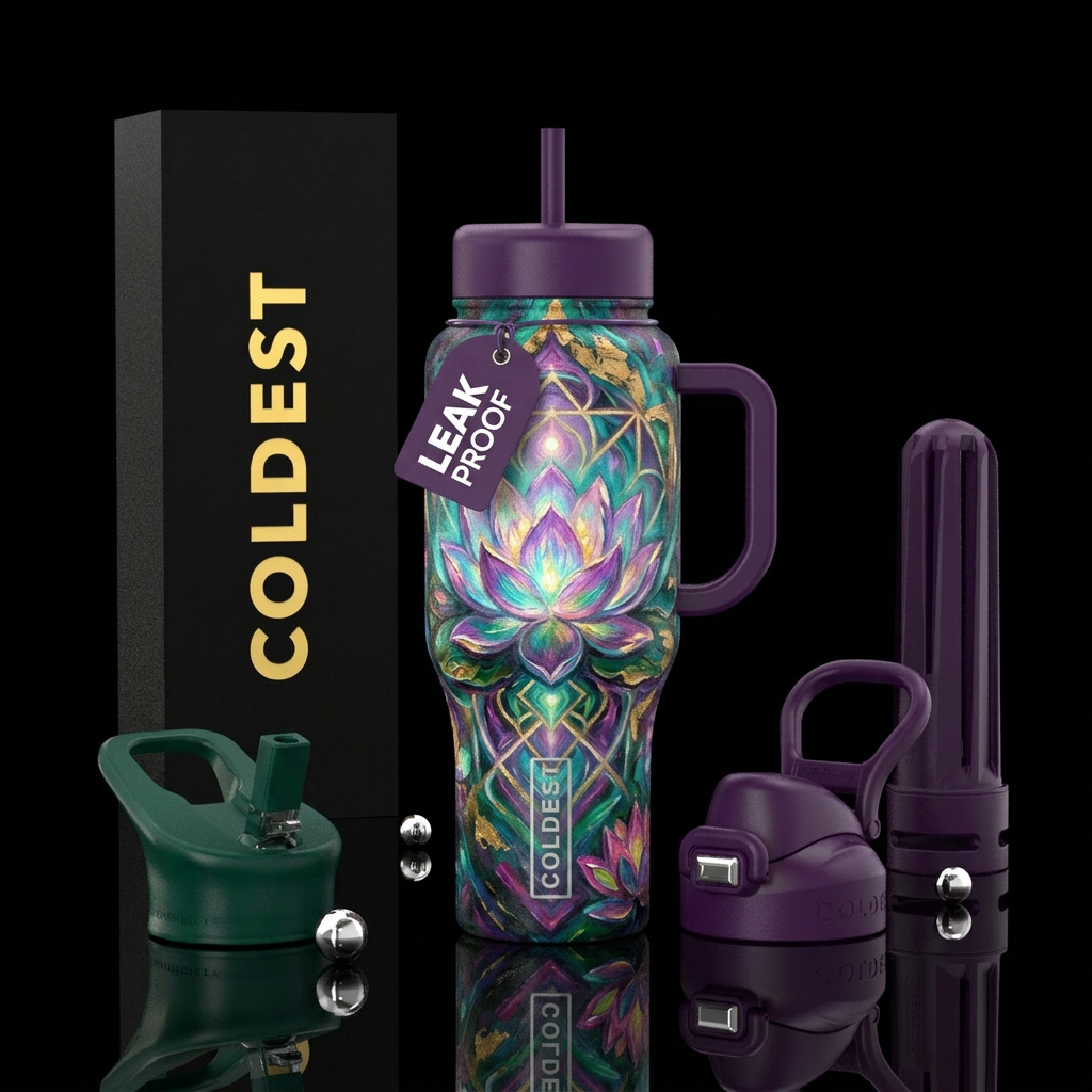 lotus, glowie,, oil painted water bottle design