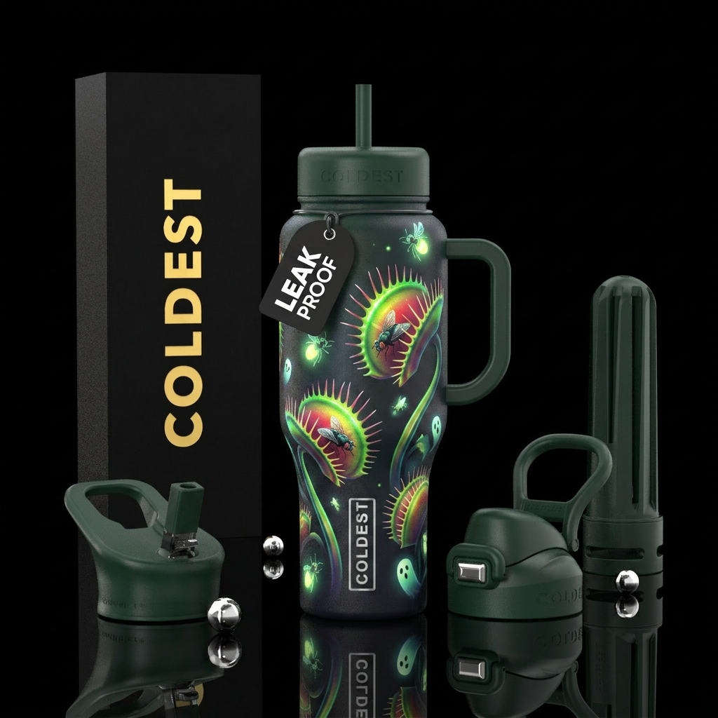 Venus flytrap, fly,  glowie, dark bottle, spooky water bottle design