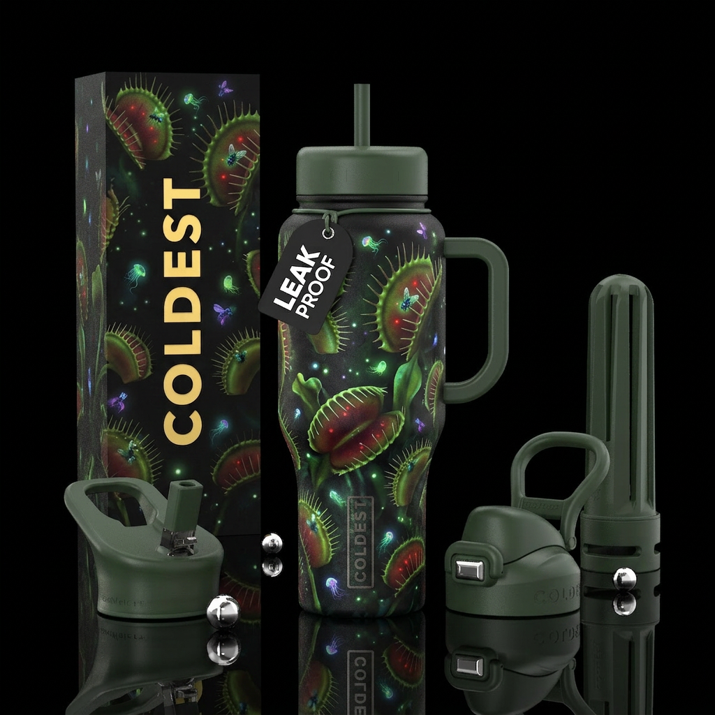 Venus flytrap, fly,  glowie, dark bottle, spooky water bottle design