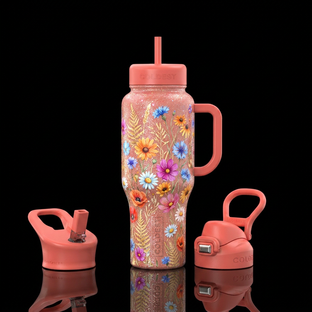 summer vibes, wildflowers, sparkly water bottle design