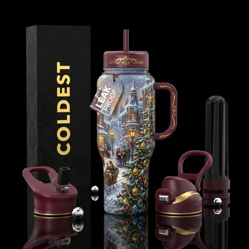 victorian, winter wonderland,  Christmas, oil pain... water bottle design