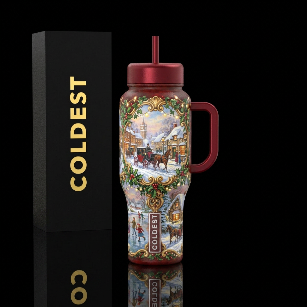 victorian, winter wonderland,  Christmas, oil pain... water bottle design