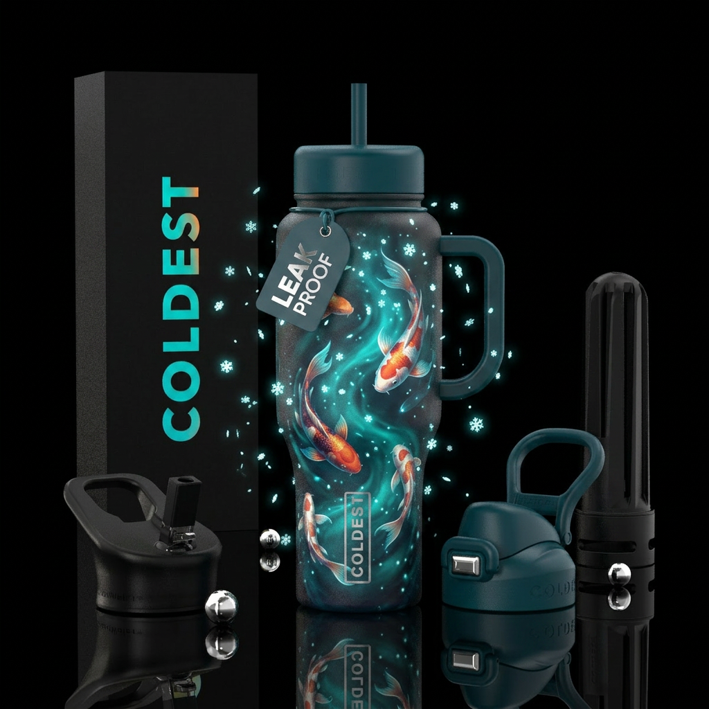 koi fish, glowie, fantasy,  snow falling water bottle design