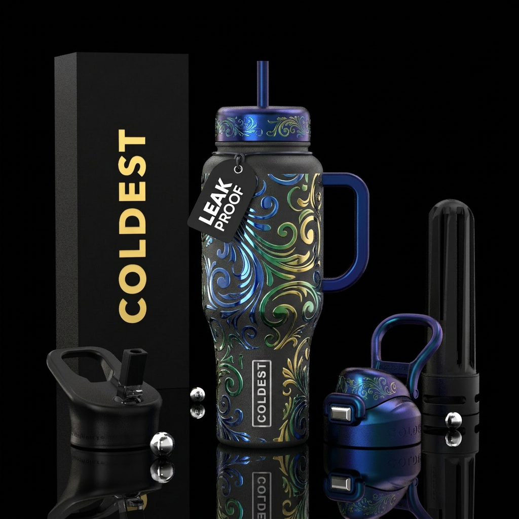 matte,  black, chrome swirls, classical water bottle design