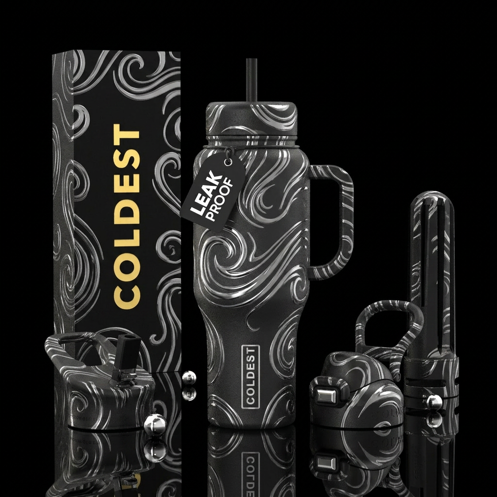 matte,  black, chrome swirls, classical water bottle design