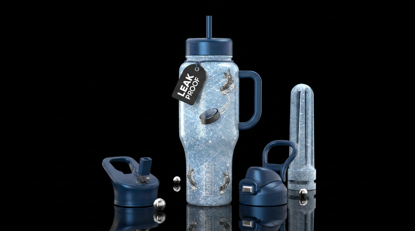 Ice hockey puck, ice rink,, sparkly water bottle design