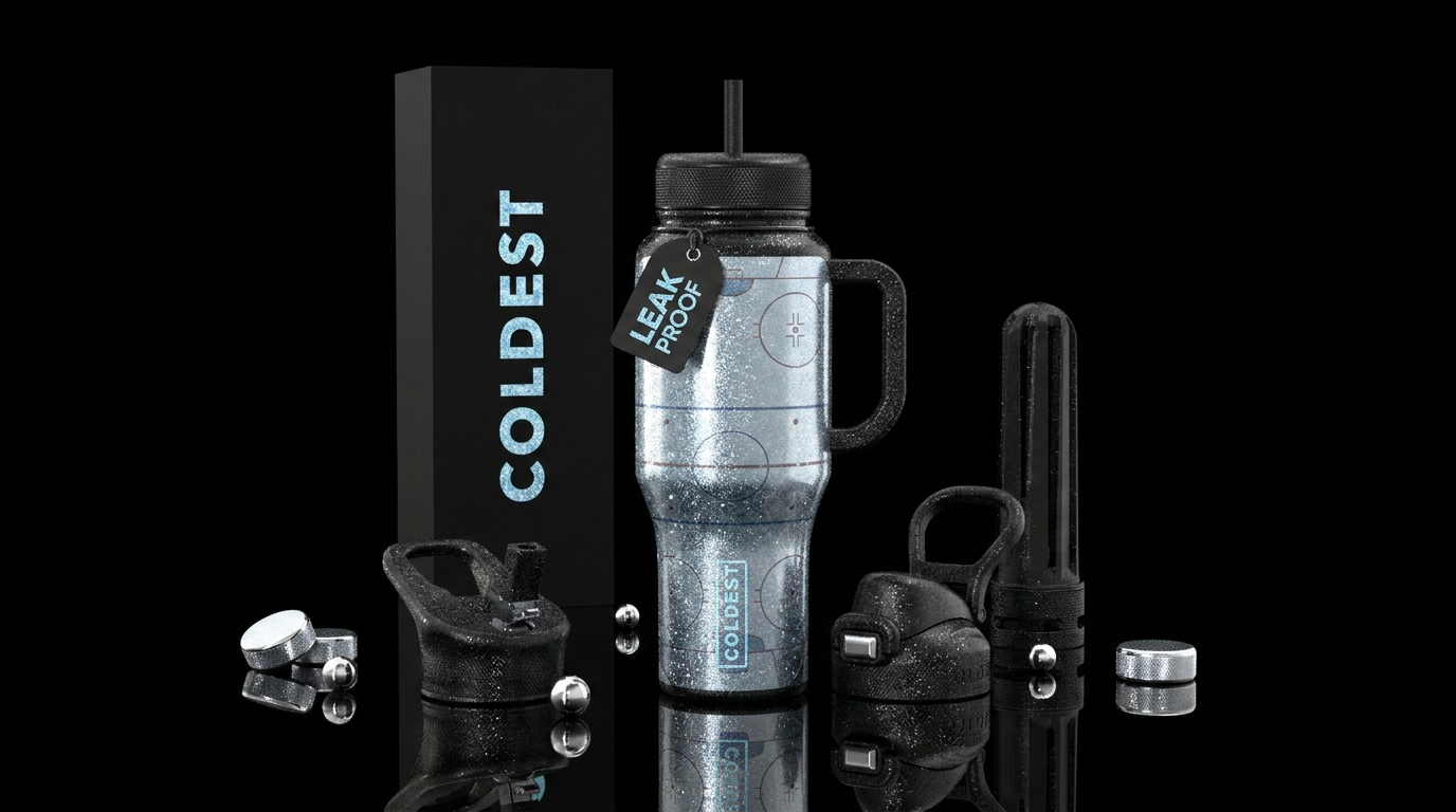 Ice hockey puck, ice rink,, sparkly water bottle design