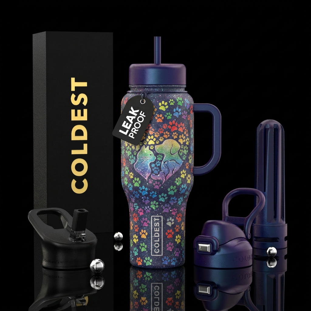 Heart with paws prints in it. Rainbow, sparkly, ca... water bottle design
