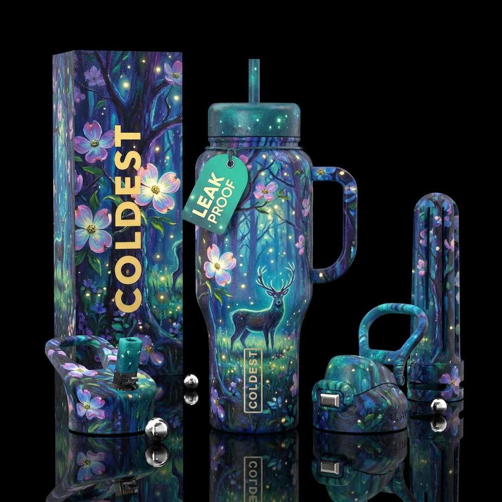 Dogwood, glowie,  forest, deer, oil painted water bottle design