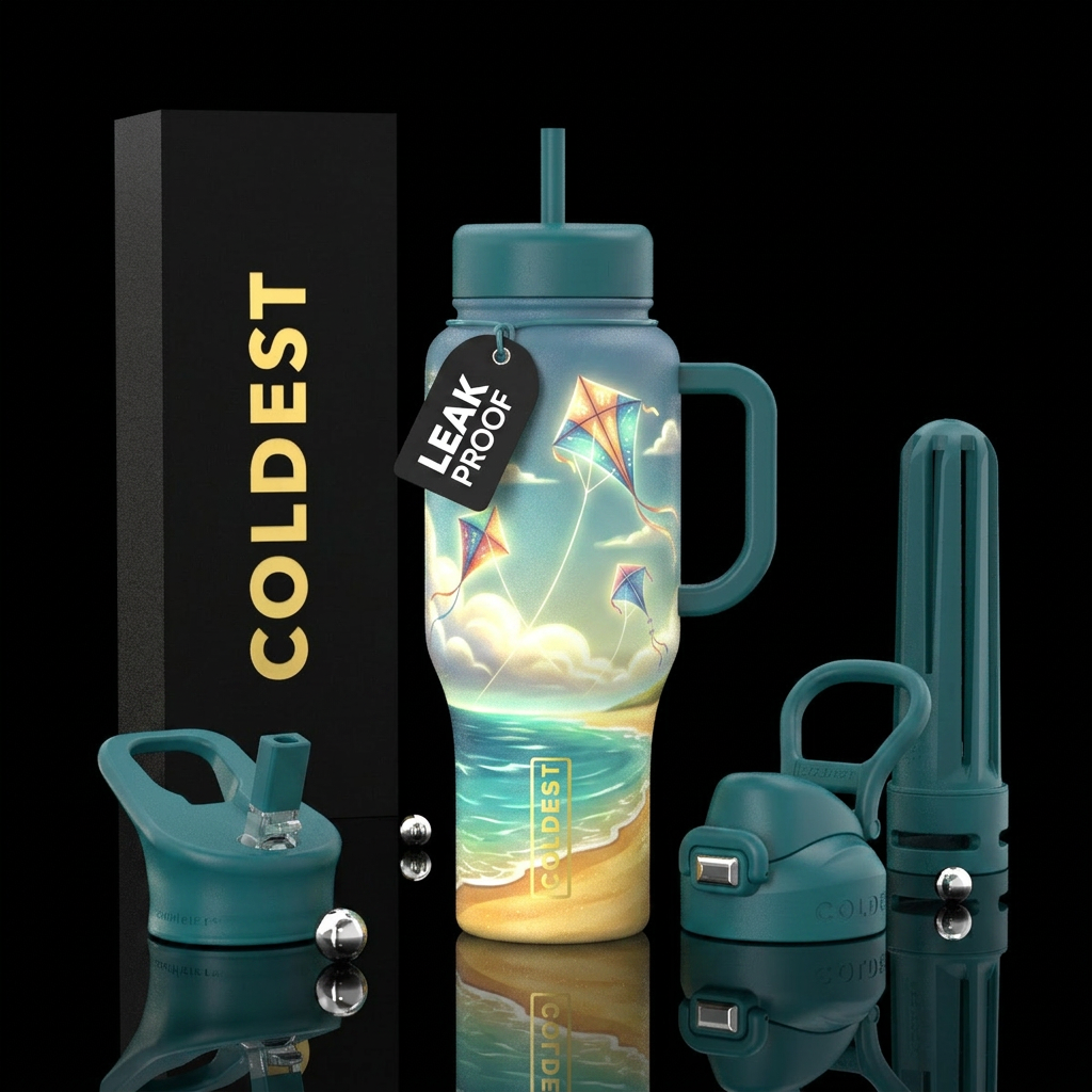Kites flying, glowie, clouds, whimsical, beach water bottle design