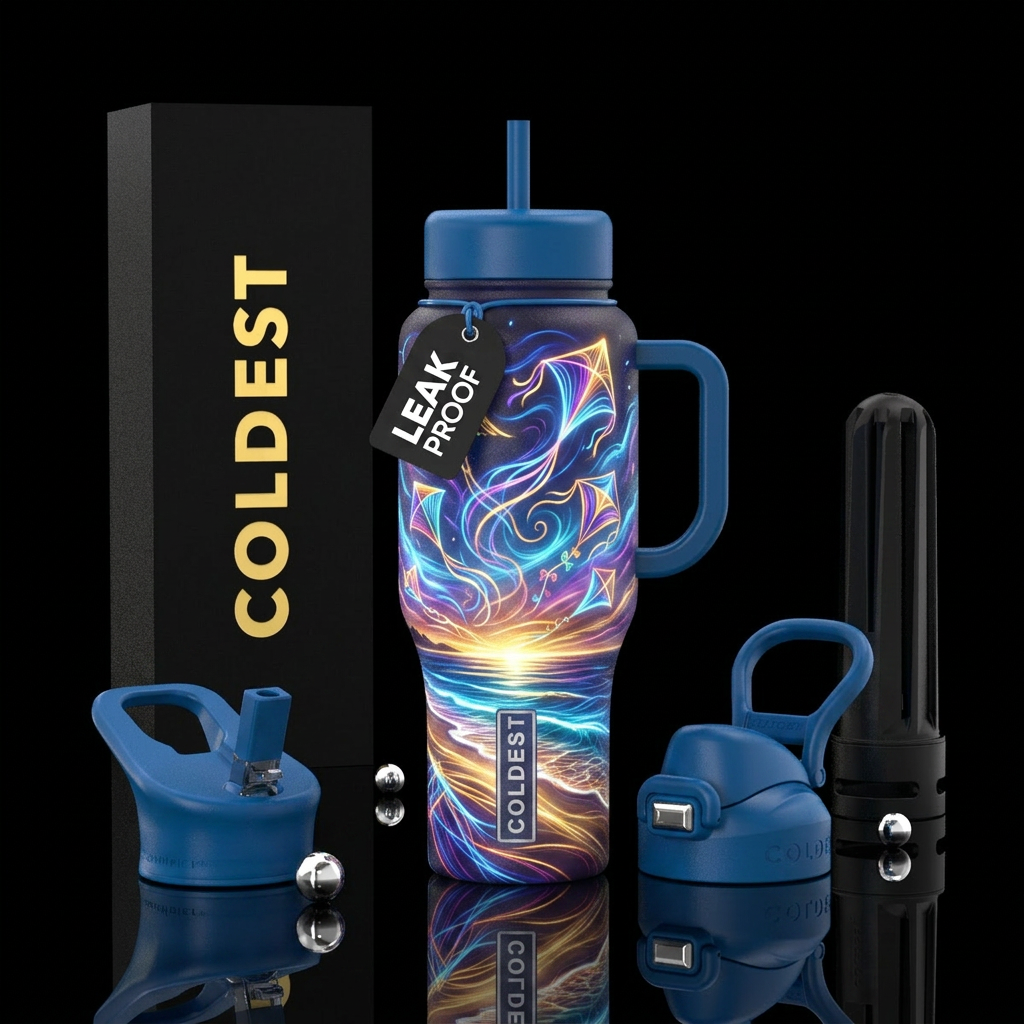 Kites flying, glowie, clouds, whimsical, beach water bottle design