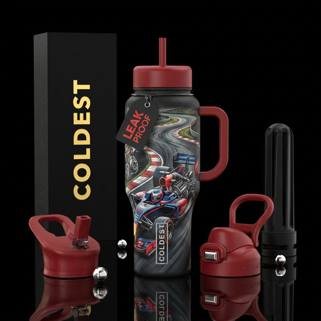 Race track background,  black bottle,  matte , eng... water bottle design