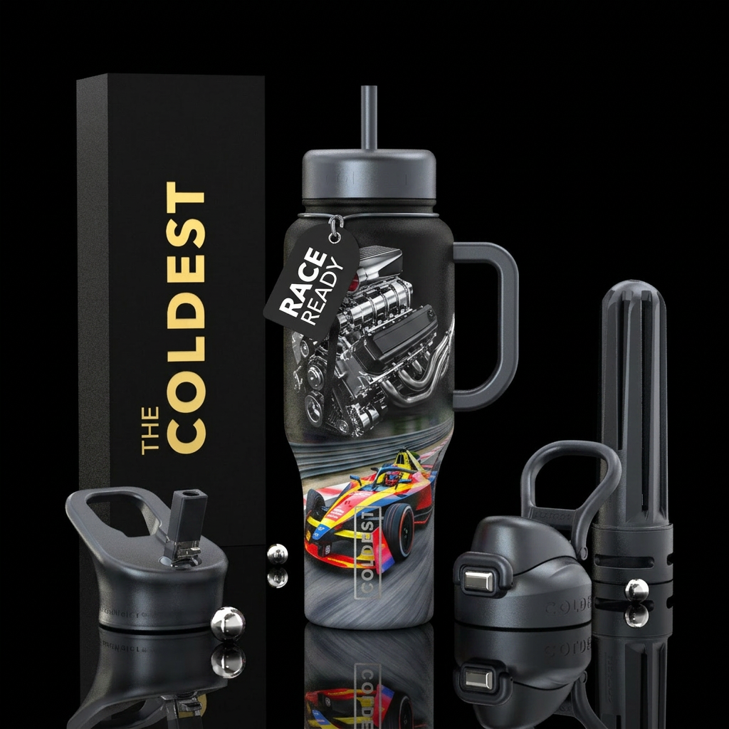 Race track background,  black bottle,  matte , eng... water bottle design