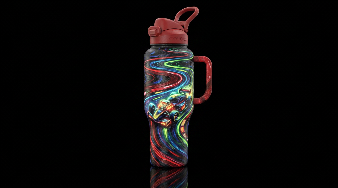 Black bottle,  race track,  race car , glowie, oil... water bottle design