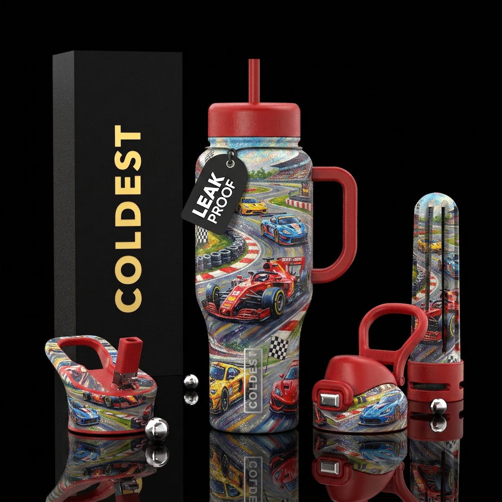 Race cars , race track,, sparkly, oil painted, water bottle design
